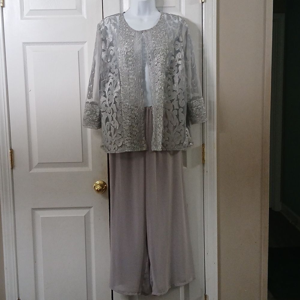 Alex Evenings silver 2pc pant set wide leg pants open front lace jacket Sz XL